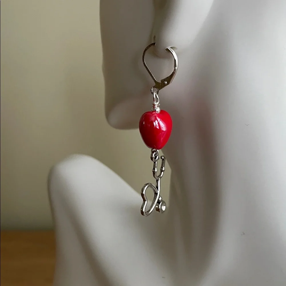 HAND CRAFTED STETHOSCOPE & RED HEART DANGLE EARRINGS  Nurse or Doctor Gift
